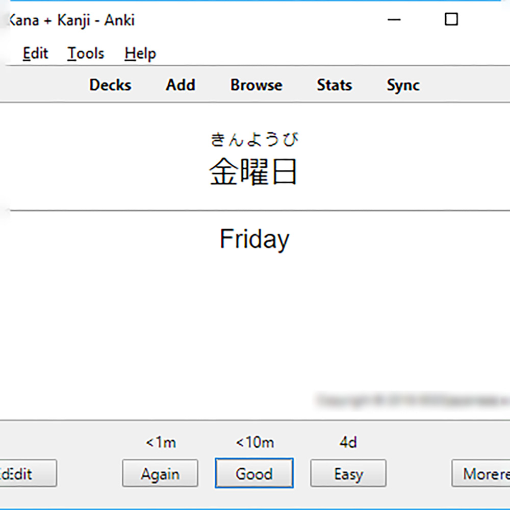 フラッシュカードアプリ「Anki」の画面に「金曜日」という漢字が表示され、学習オプション（Again、Good、Easy）が並んでいる。