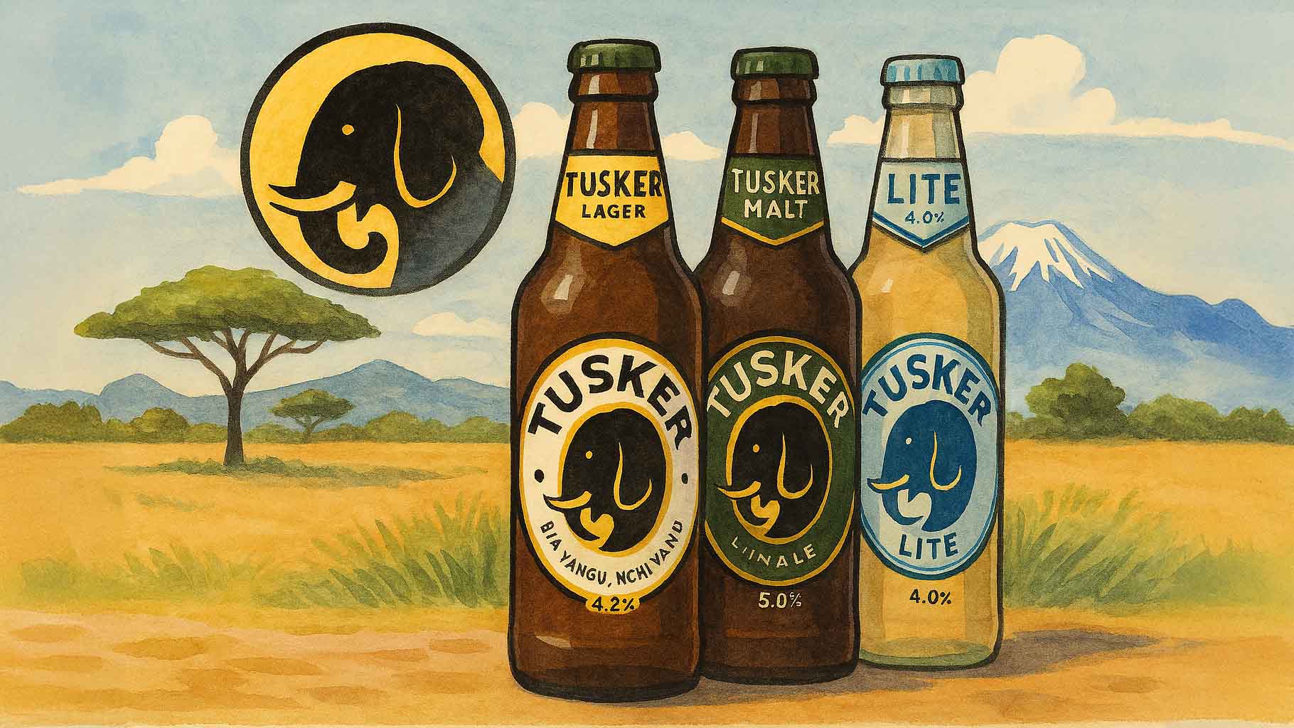 An illustration of Tusker Lager, Tusker Malt, and Tusker Lite bottles in a savannah landscape with acacia trees and mountains.