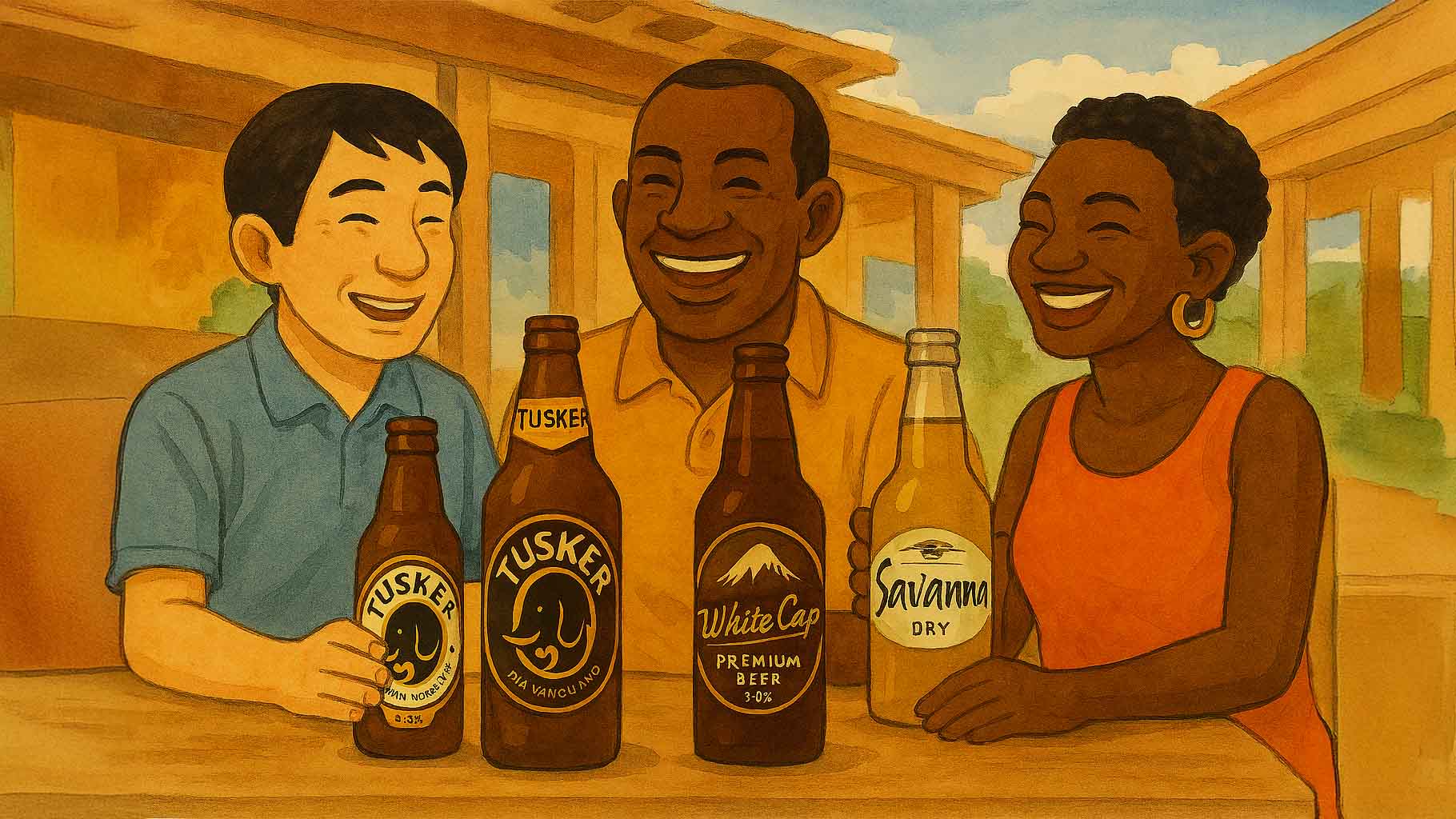 A cheerful illustration of three friends—two men and one woman—sitting together and smiling with bottles of Tusker, White Cap, and Savannah on the table.