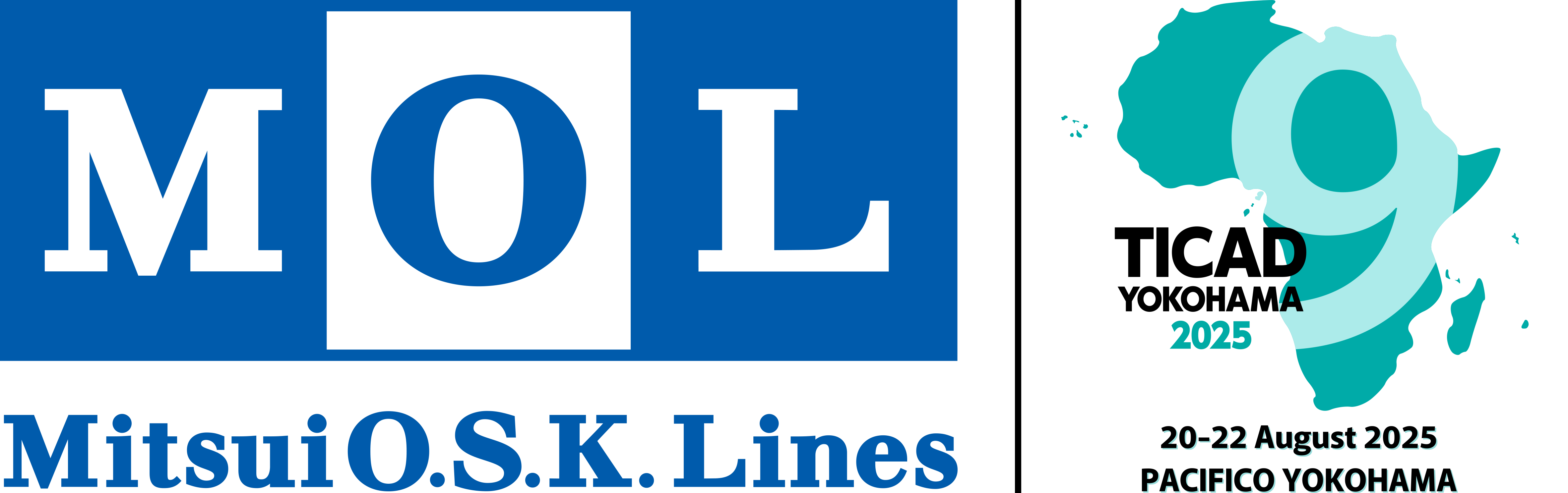 MOL logo with the company name “Mitsui O.S.K. Lines” written below it on the left. On the right, a turquoise map of Africa features a large number “9”, the text “TICAD”, and “2025” overlaid. Below the map, the event date and location are written in English: “August 20–22, 2025, Pacifico Yokohama.”